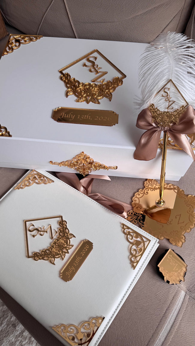 Personalised Floral Diamond Nikkah Gift Set: Islamic Wedding Keepsake Box, Pen & Folder