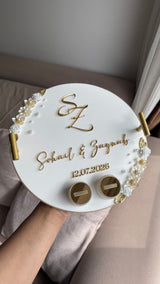 Acrylic Ring Tray with Handles, 3D lettering and pearl detailing