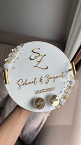 Acrylic Ring Tray with Handles, 3D lettering and pearl detailing