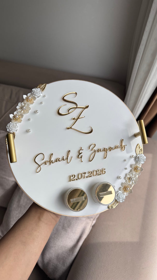 Acrylic Ring Tray with Handles, 3D lettering and pearl detailing