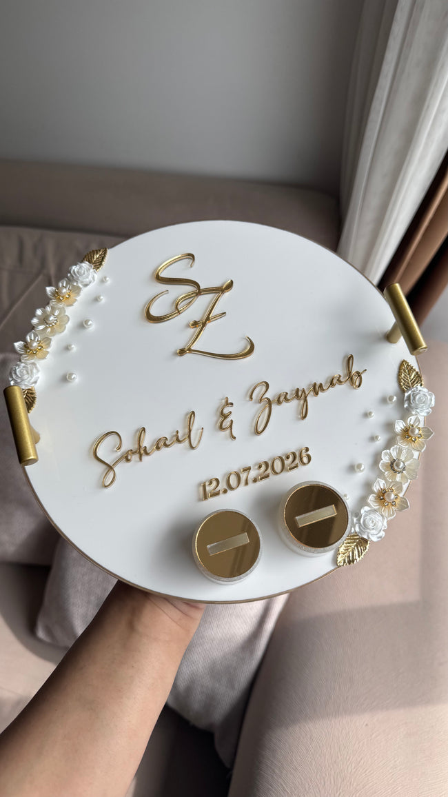 Acrylic Ring Tray with Handles, 3D lettering and pearl detailing