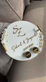 Acrylic Ring Tray with Handles, 3D lettering and pearl detailing