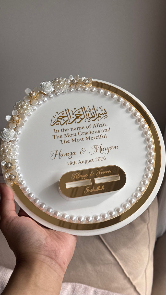 Pearl Beaded Acrylic Ring Tray with Custom Holders & Mirrored Border