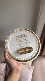 Pearl Beaded Acrylic Ring Tray with Custom Holders & Mirrored Border