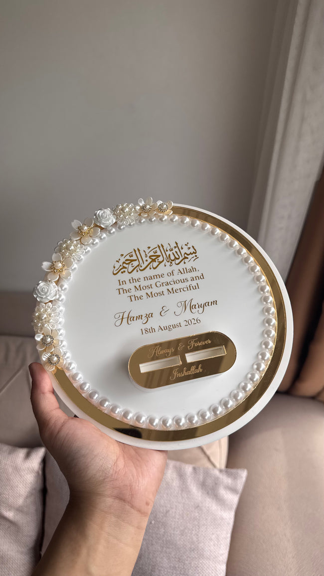 Pearl Beaded Acrylic Ring Tray with Custom Holders & Mirrored Border