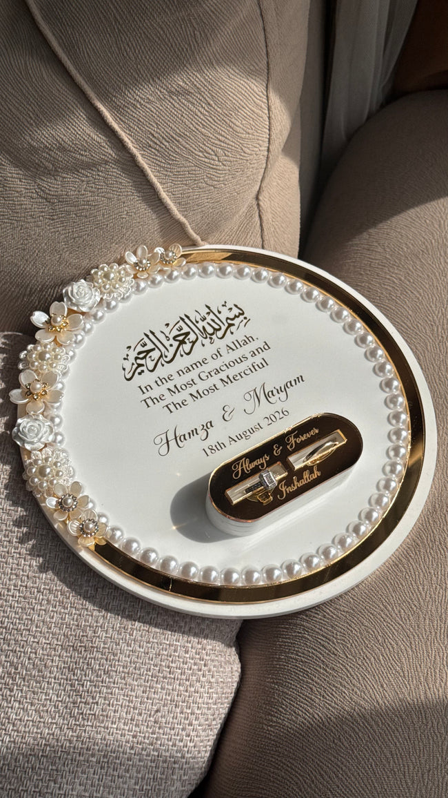 Pearl Beaded Acrylic Ring Tray with Custom Holders & Mirrored Border