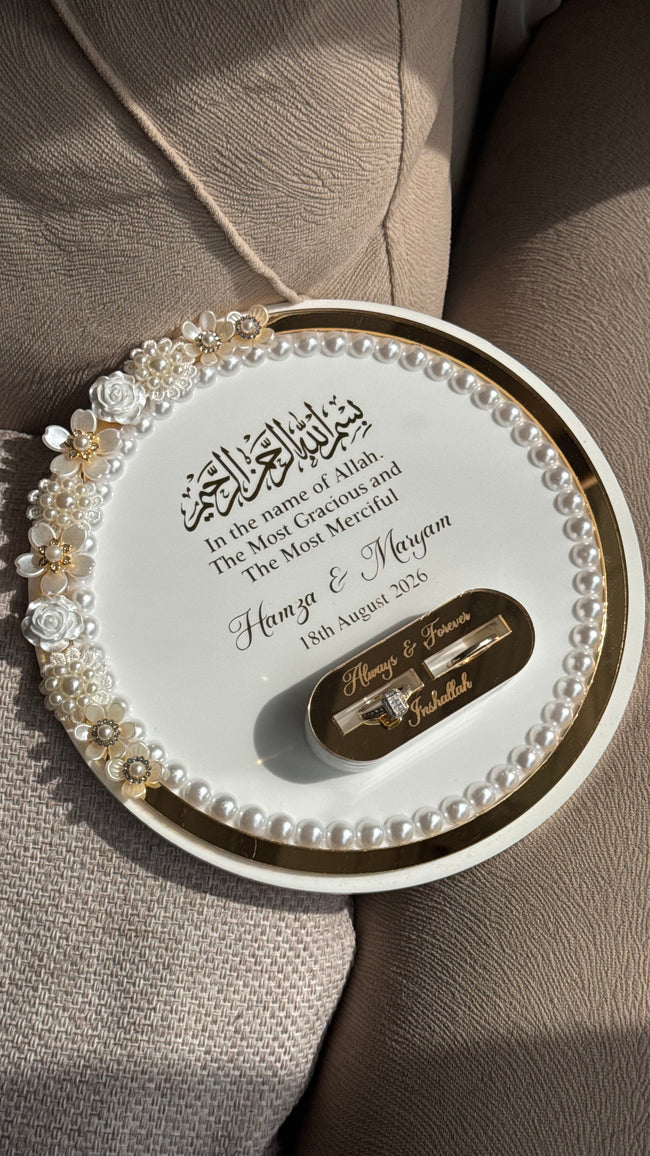 Pearl Beaded Acrylic Ring Tray with Custom Holders & Mirrored Border