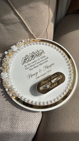 Pearl Beaded Acrylic Ring Tray with Custom Holders & Mirrored Border