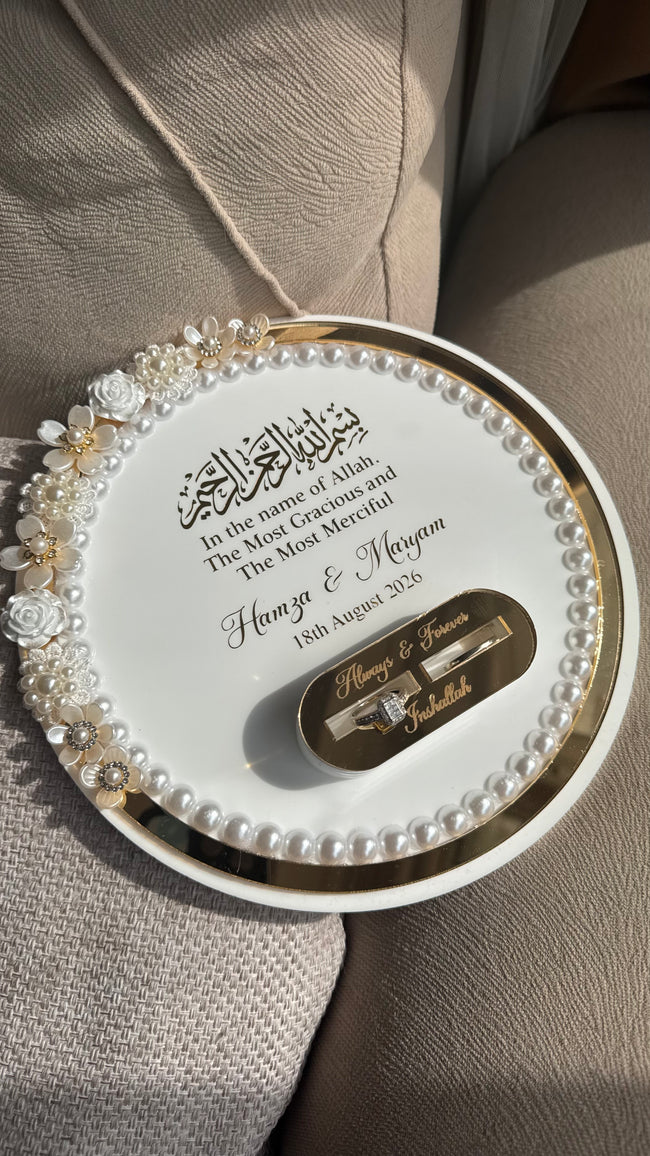 Pearl Beaded Acrylic Ring Tray with Custom Holders & Mirrored Border