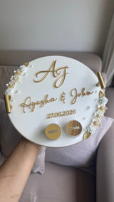 Acrylic Ring Tray with Handles, 3D lettering and pearl detailing