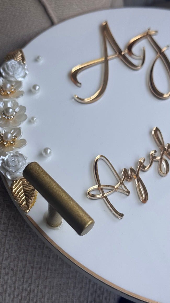 Acrylic Ring Tray with Handles, 3D lettering and pearl detailing