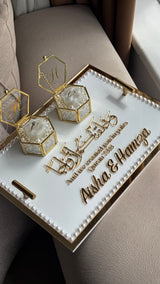 Pearl Beaded Rectangle Acrylic Ring Tray with Glass Holders & Mirrored Border