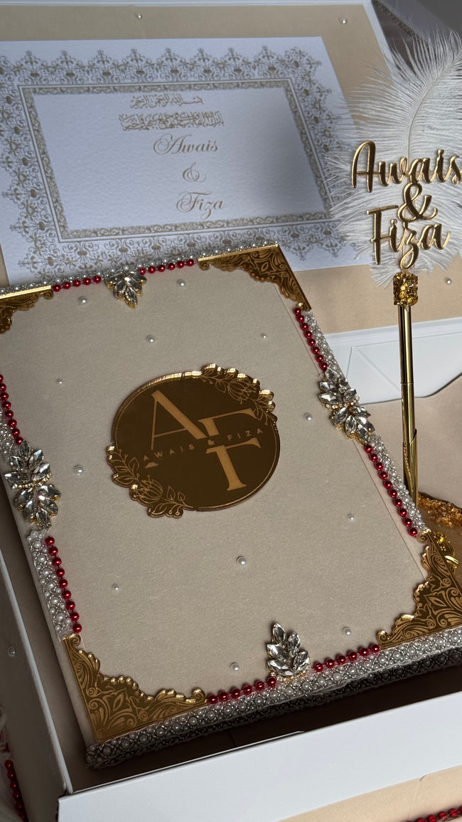 Beige and Gold with Red Pearl Nikkah Nama Set