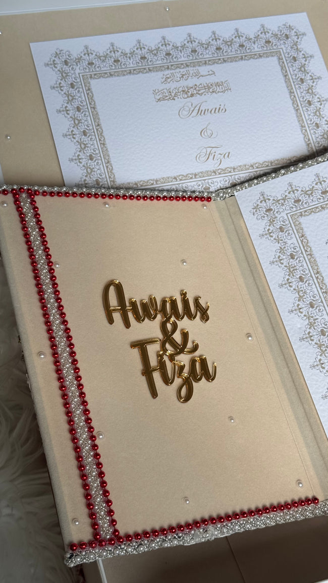 Beige and Gold with Red Pearl Nikkah Nama Set