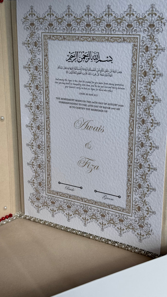 Beige and Gold with Red Pearl Nikkah Nama Set