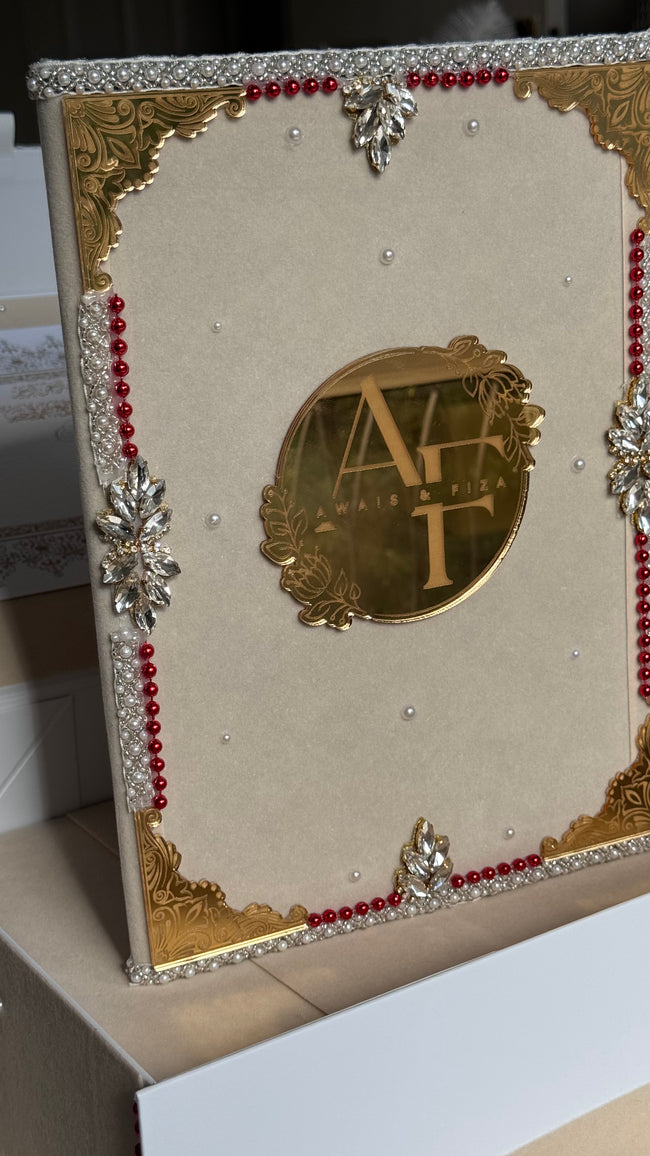 Beige and Gold with Red Pearl Nikkah Nama Set