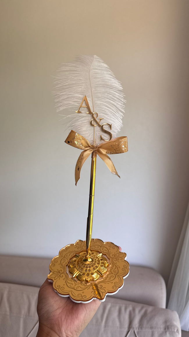 Nikkah Ribbon Bow Feather Pen with Acrylic Holder: Personalised Wedding Guestbook Pen