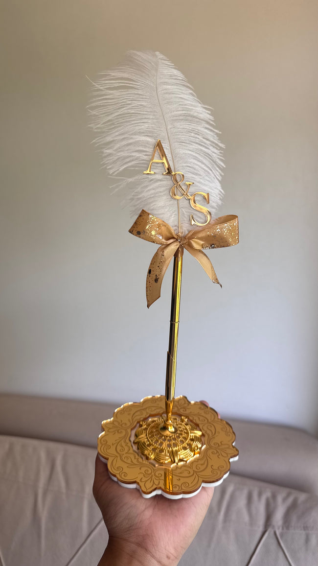 Nikkah Ribbon Bow Feather Pen with Acrylic Holder: Personalised Wedding Guestbook Pen