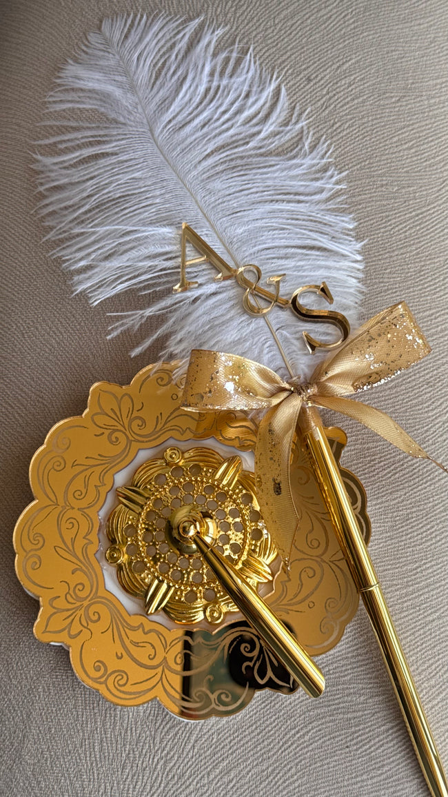 Nikkah Ribbon Bow Feather Pen with Acrylic Holder: Personalised Wedding Guestbook Pen