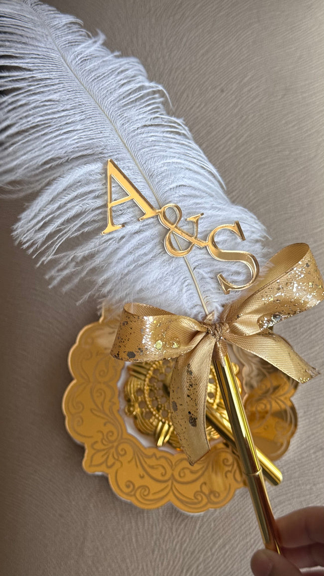 Nikkah Ribbon Bow Feather Pen with Acrylic Holder: Personalised Wedding Guestbook Pen