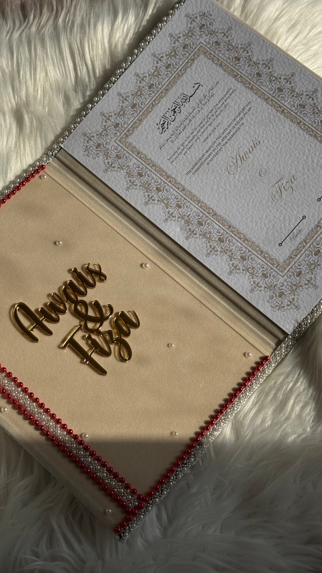 Beige and Gold with Red Pearl Nikkah Nama Set