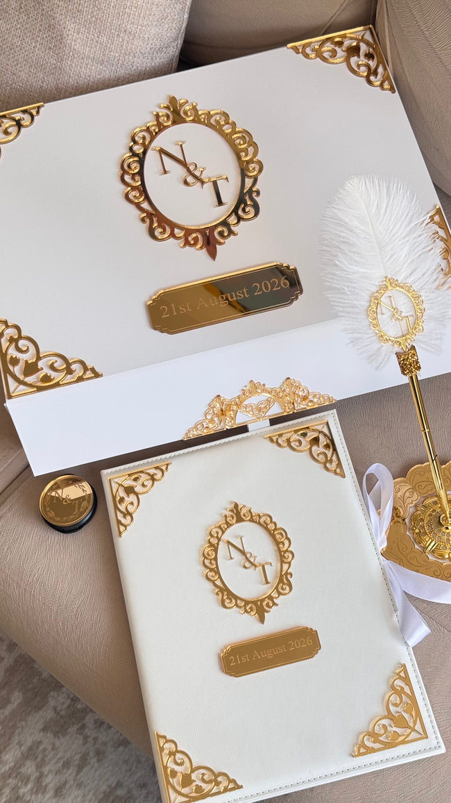 Personalised Oval Nikkah Gift Set: Islamic Wedding Keepsake Box, Pen & Folder