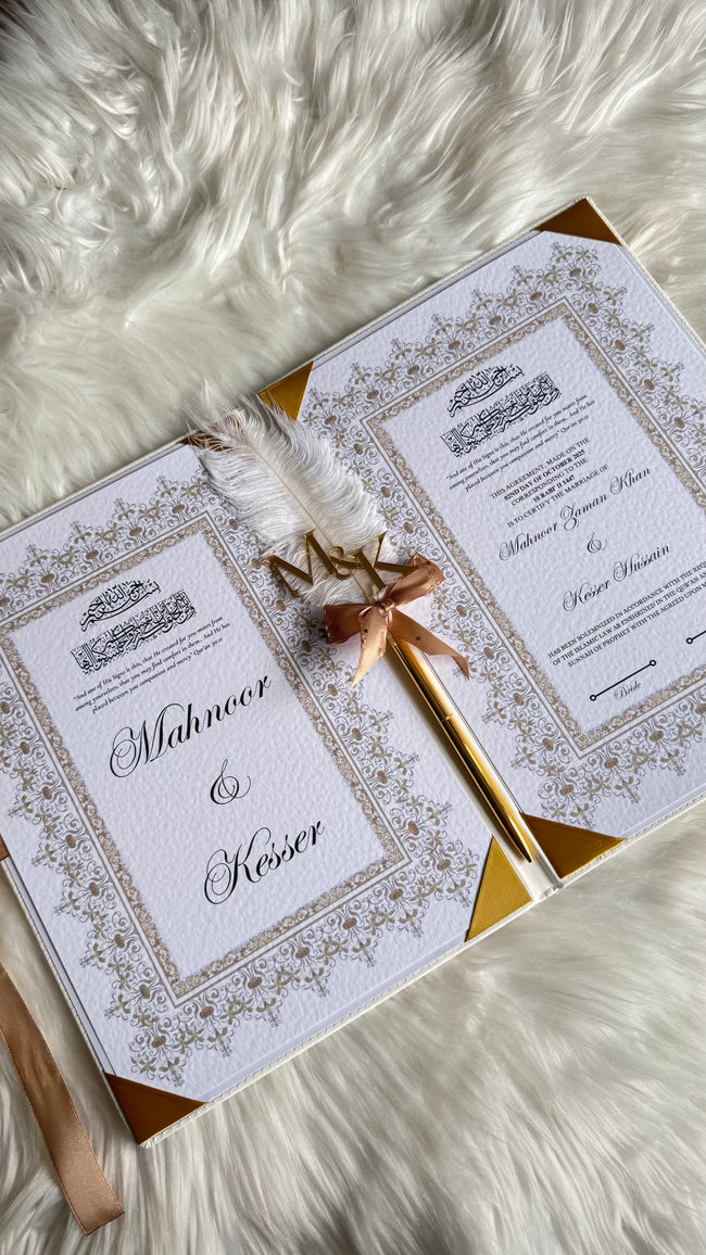 White and Gold Leather Nikkah Nama Set