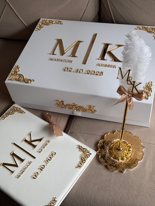 White and Gold Leather Nikkah Nama Set