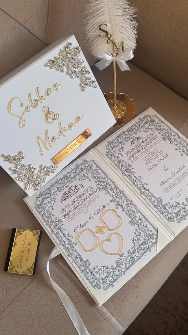 Crystal Diamontè Nikkah Gift Set: Islamic Wedding Keepsake Box, Pen & Folder