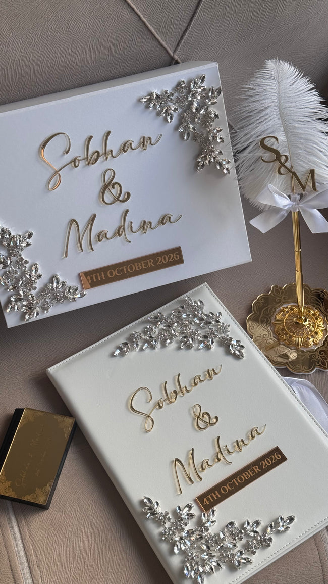 Crystal Diamontè Nikkah Gift Set: Islamic Wedding Keepsake Box, Pen & Folder