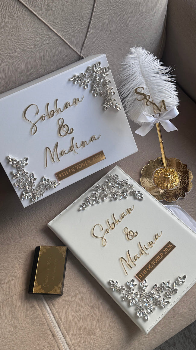 Crystal Diamontè Nikkah Gift Set: Islamic Wedding Keepsake Box, Pen & Folder