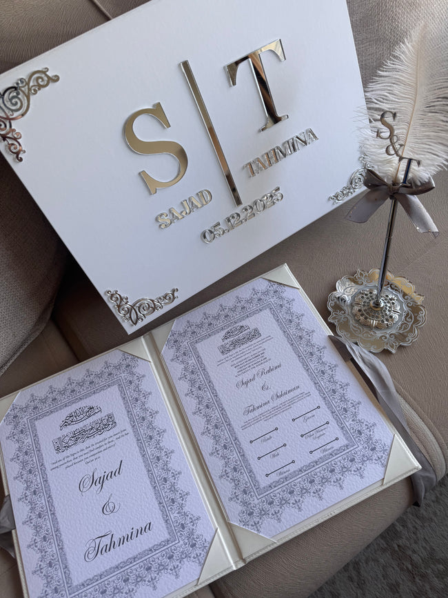 White and Gold Leather Nikkah Nama Set