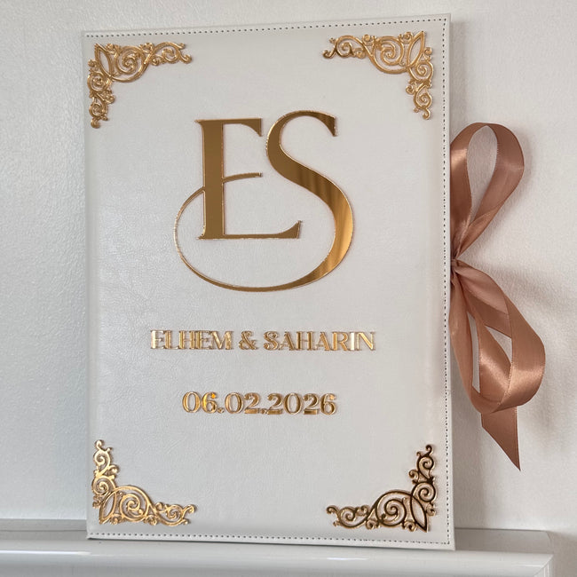 White and Gold Monogram Leather Nikkah Nama Set