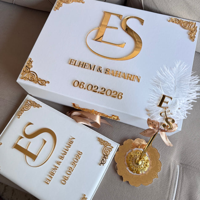 White and Gold Monogram Leather Nikkah Nama Set